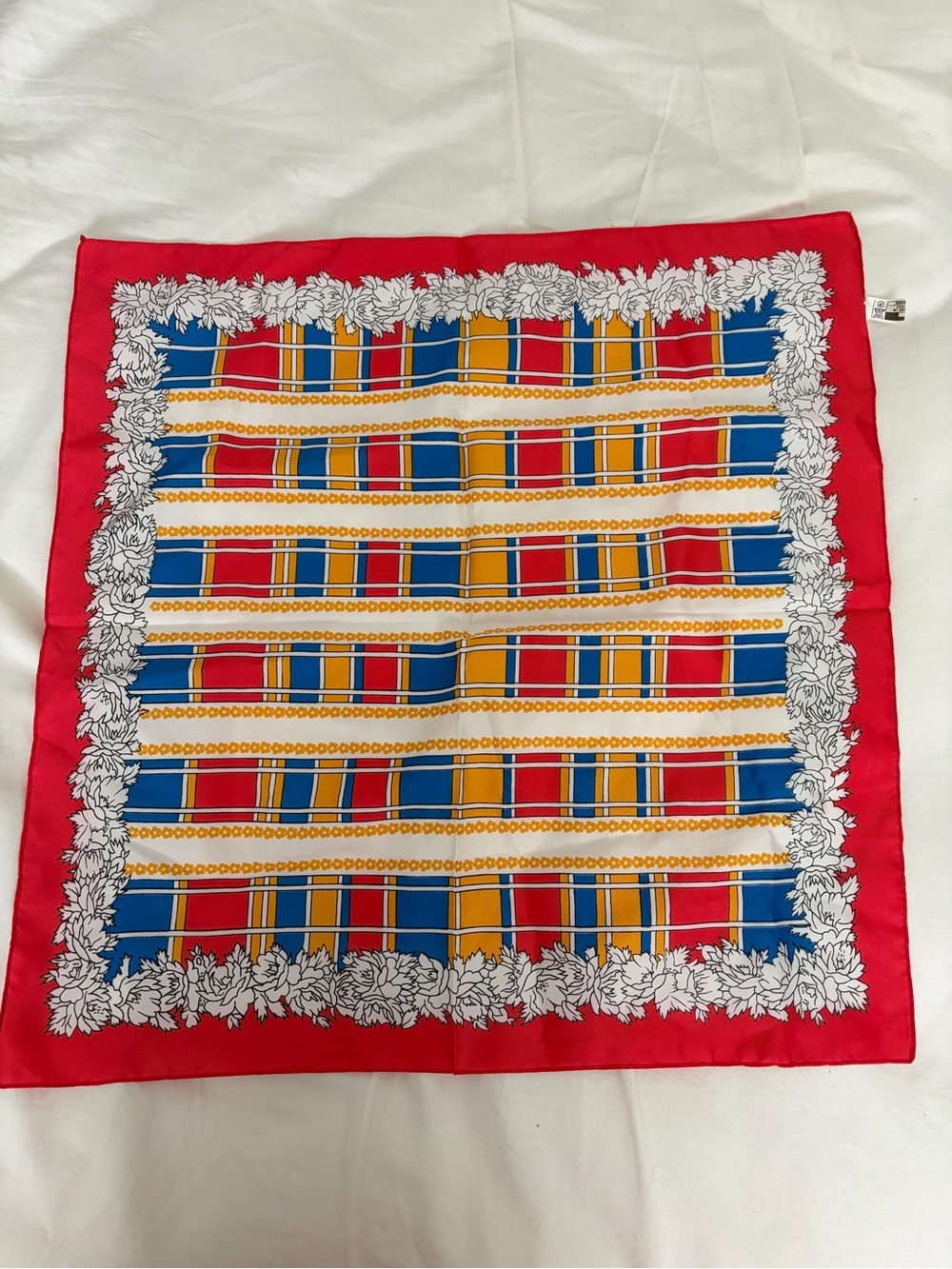 Vintage Italian Plaid Floral Border Scarf - Red, Blue, Yellow